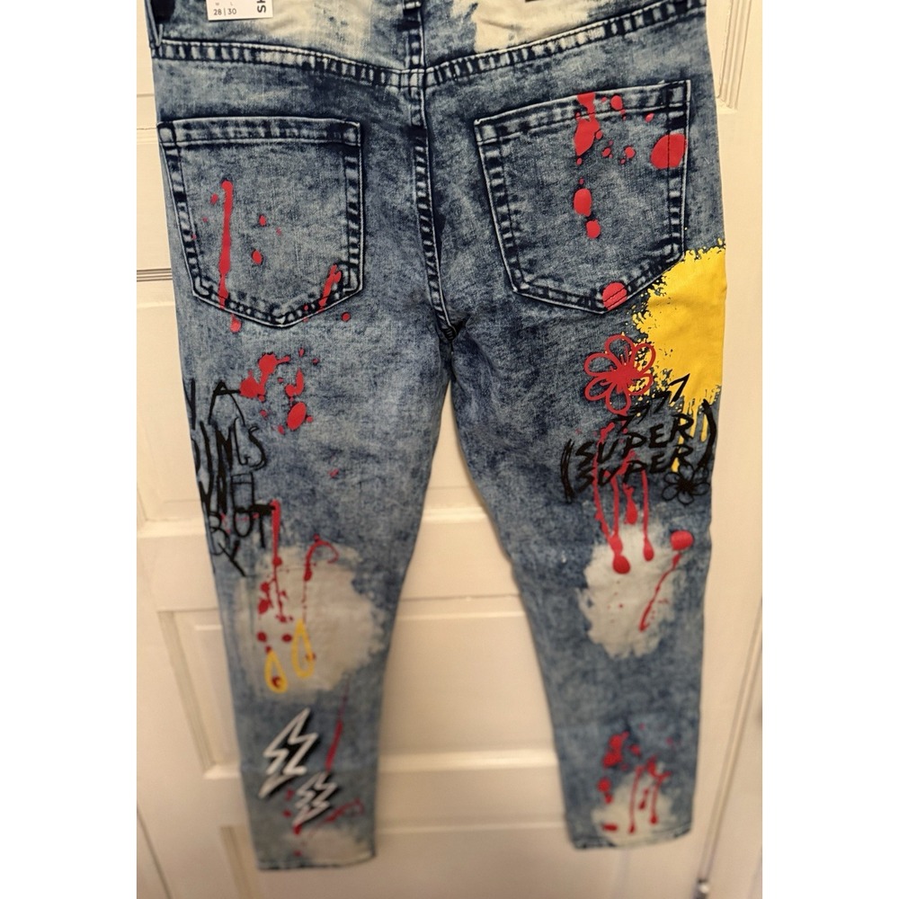 Rue21 Premium Skinny Acid Wash Graphic Jeans Blue Multicolor Denim grunge 36x32 - Picture 3 of 6